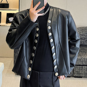 V-neck Cardigan PU Leather Jacket