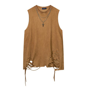 Ripped Hem Necklace Trim Sleeveless Tank Top