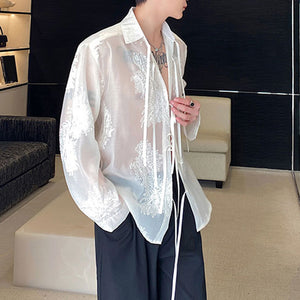 Embroidered Lace-up Slightly Sheer Long-sleeved Shirt