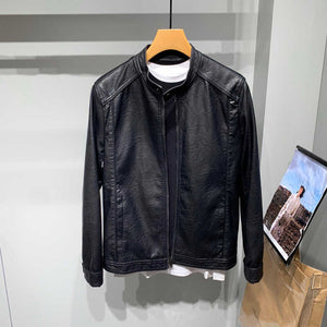 Slim-Fit Stand Collar Leather Jacket