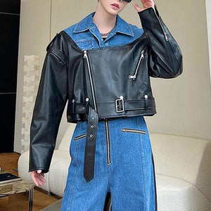 Deconstructed Washed Denim PU Leather Jacket Wide-leg Trousers Two-piece Suit