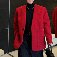 Load image into Gallery viewer, Retro Red Collarless Woolen Thickened Suit Jacket
