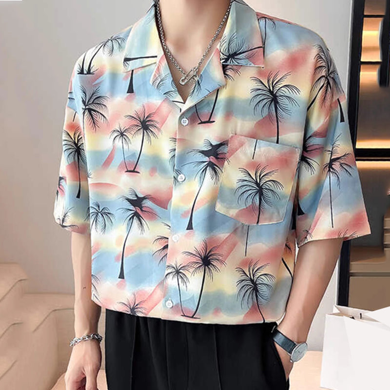 Beach Resort Summer Coconut Tree Print Short Sleeve Shirt