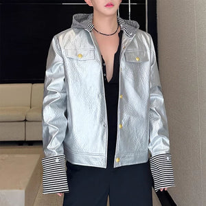 Patent Leather Glossy Detachable Striped Hooded Jacket