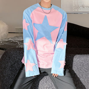 Contrast Color Round Neck Drop Sleeve Star Shirt