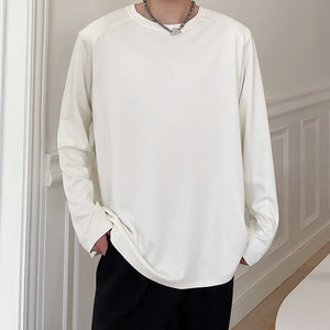 Round Neck Solid Color Shoulder Padded Long Sleeve T-shirt