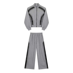 Stitching Contrast Striped Shoulder Pad Sweatshirt Casual Sports Pants Two-piece Set