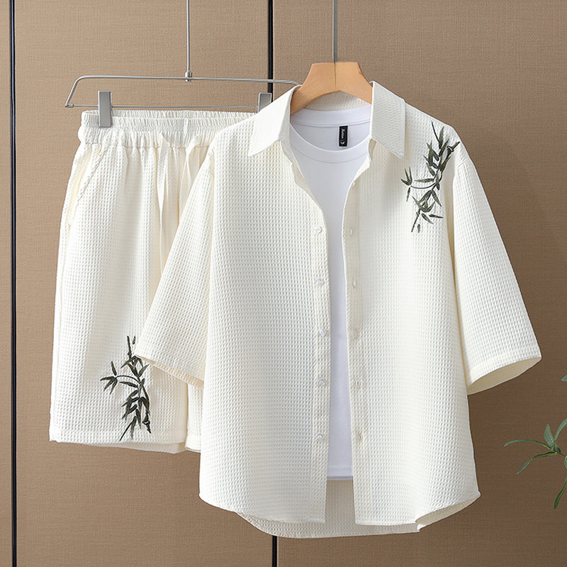 Bamboo Leaf Embroidered Casual Waffle Short Sleeve Suit