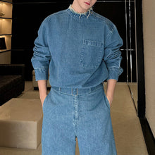 Load image into Gallery viewer, Distressed Raw Edge Stand Collar Side Zip Top Vintage Wide Leg Jeans Two Piece Set
