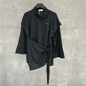 Textured Slanted Placket Tie-Strap Fake Two-Piece Shirt