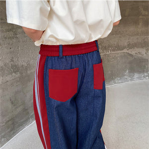 Thickened Denim Spliced Wide-leg Straight Trousers