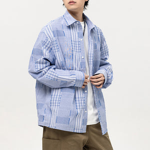 Spliced Lapel Pocket Loose Plaid Shirt