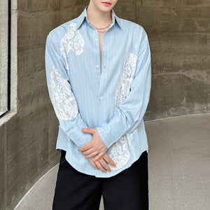 Lace Panel Design Long Sleeve Striped Shirt