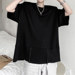 Hem Zipper Panel Shoulder Pads T-Shirt