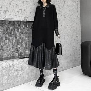 Patchwork Knitted Loose Lapel Sweater Dress