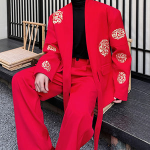 Retro Cirrus Embroidered Red Suit Jacket Wide-leg Trousers Two-piece Set