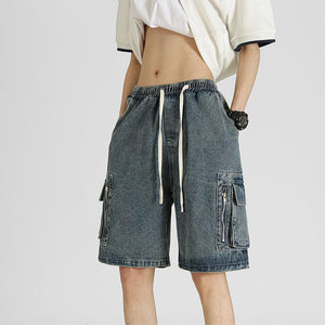 Drawstring Tote Pocket Zip Cargo Denim Shorts