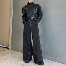 Load image into Gallery viewer, Deconstructed Washed Denim PU Leather Jacket Wide-leg Trousers Two-piece Suit
