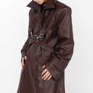 Leather Metal Button Double-layered Coat