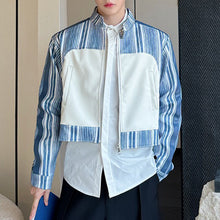 Load image into Gallery viewer, Blue Striped PU Leather Cropped Jacket
