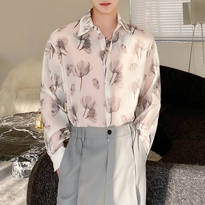 Simple Casual Ink Floral Lapel Long-sleeved Shirt