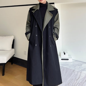 Retro Contrast Patchwork Lapel Long Trench Coat