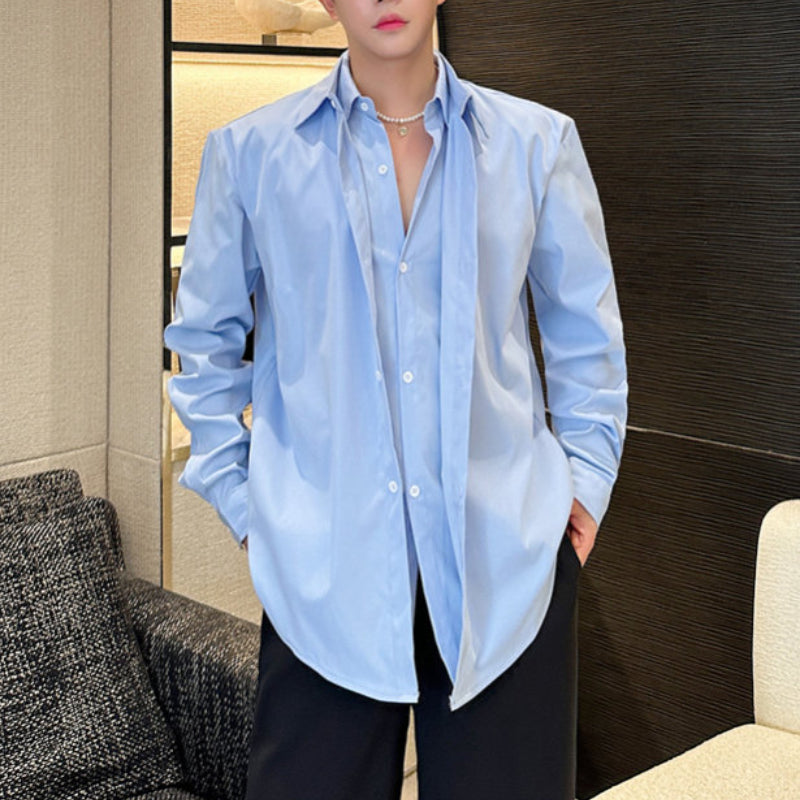 Fake Two-piece Design Splicing Blue Shirt