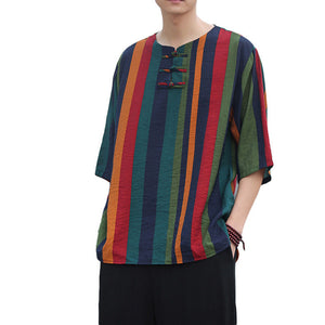 Button Colored Striped Patchwork T-shirt