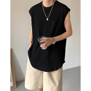 Pleated Texture Casual Crew Neck Tank Top