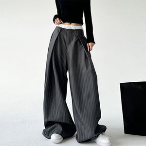 Grey Striped High Waist Loose Casual Pants