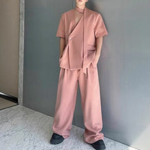 Load image into Gallery viewer, Collarless Ribbon Shoulder Pad Short Sleeve Suit Wide Leg Pants Two Piece Suit
