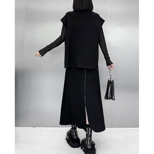 Black Loose Vest Elastic Waist Skirt Suit