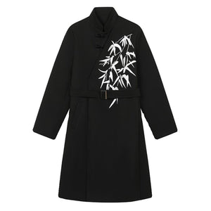 Embroidered Stand-collar Buttoned Mid-length Windbreaker Jacket