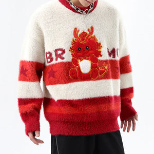 Round Neck Embroidered Dragon Loose Knitted Sweater