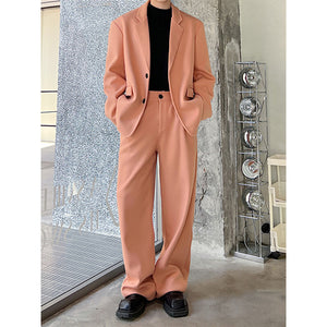 Pink Woolen Blazer and Straight Pants Two-piece Set