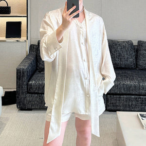 V-neck Ribbon Shirt and Shorts Suit