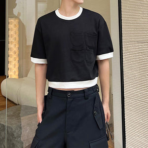 Multi-pocket Trim Contrasting Paneling Short Sleeve T-Shirt