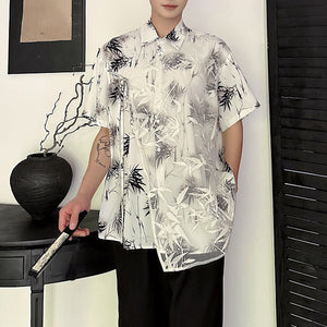 Printed Mesh Lapel Short-sleeved Shirt