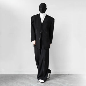 Hand-sewn Raw-edge Collarless Suit Jacket Loose-fitting Pants Two-piece Suit