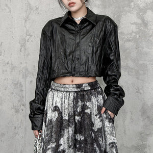 Pleated Shoulder Pad PU Leather Shirt