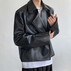 PU Leather Asymmetric Lapel Cropped Jacket