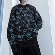 Load image into Gallery viewer, Diamond Jacquard Ripped Tassel Crewneck Sweater
