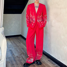 Load image into Gallery viewer, Embroidered Sequined Large V-Neck Suit Jacket Straight-Leg Trousers Two-Piece Set
