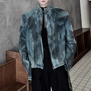 Pleated Spray-painted Stand-up Collar Jacket