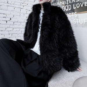 Stand Collar Buttoned Cotton Artificial Fur Short Coat