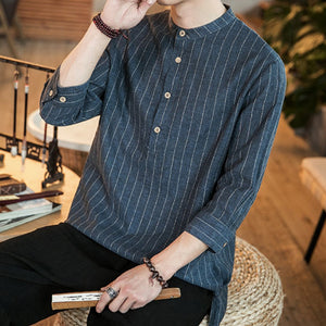 Striped Cotton And Linen Three-quarter Sleeve Shirt