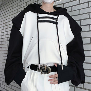 Short Black and White Stitching Shoulder Pad Hoodie