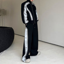 Load image into Gallery viewer, Stitching Contrast Striped Shoulder Pad Sweatshirt Casual Sports Pants Two-piece Set
