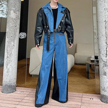 Load image into Gallery viewer, Deconstructed Washed Denim PU Leather Jacket Wide-leg Trousers Two-piece Suit
