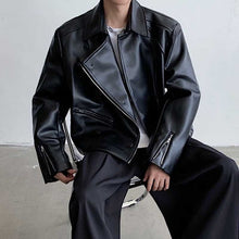 Load image into Gallery viewer, PU Leather Asymmetric Lapel Cropped Jacket
